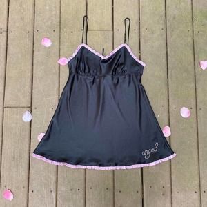 NWT Victorias Secret Angels black satin pink ruffled rhinestone mini slip dress